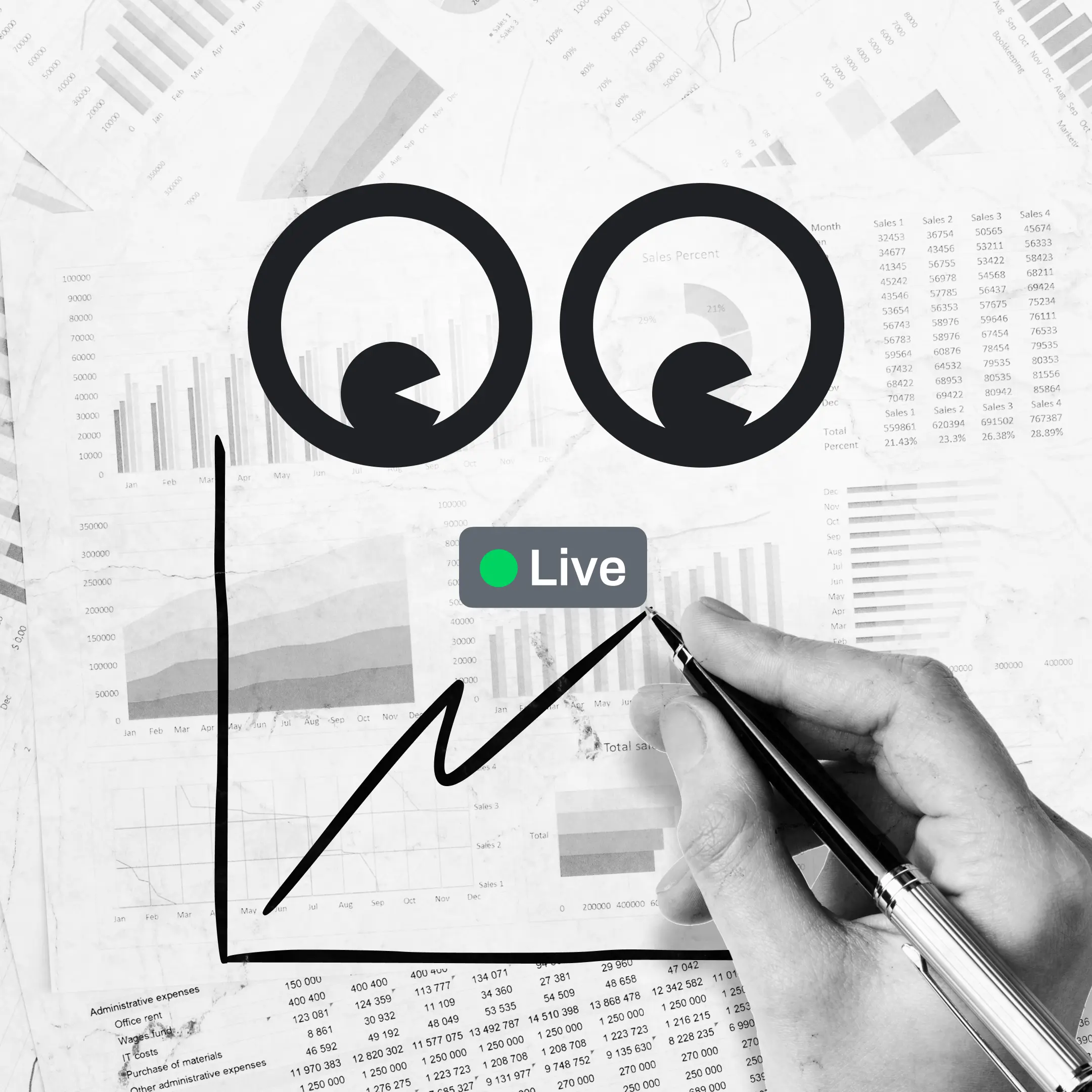 Schwarz-weiße Collage mit Finanz-Charts, aufsteigendem Liniendiagramm und grünem Live-Badge, Symbol für Echtzeit-Daten und transparente Werbeleistung.