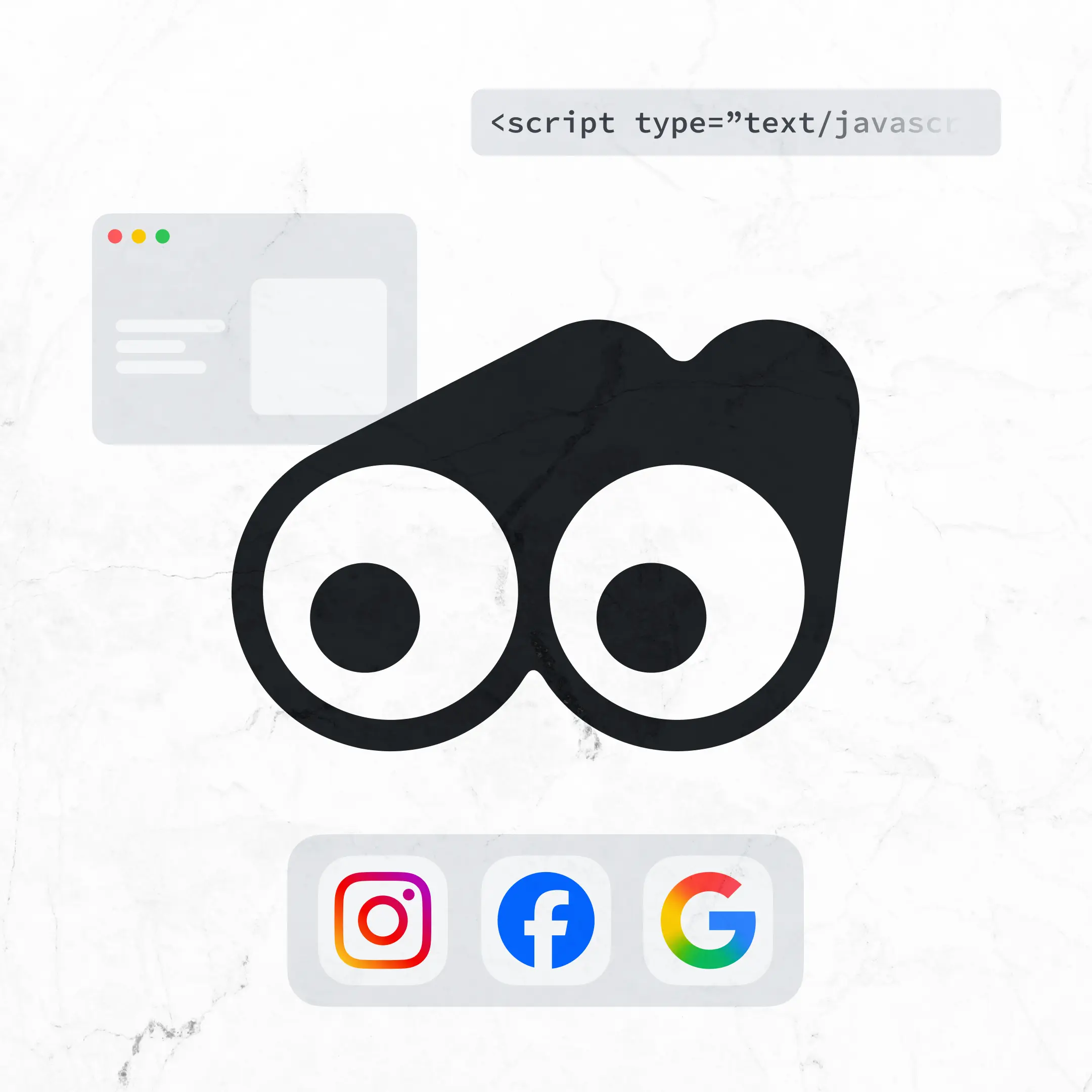 Illustration mit Fernglas über Browser-Fenster, Tracking-Script und Logos von Instagram, Facebook und Google, Symbol für digitale Marketing-Infrastruktur und sauberes Tracking.