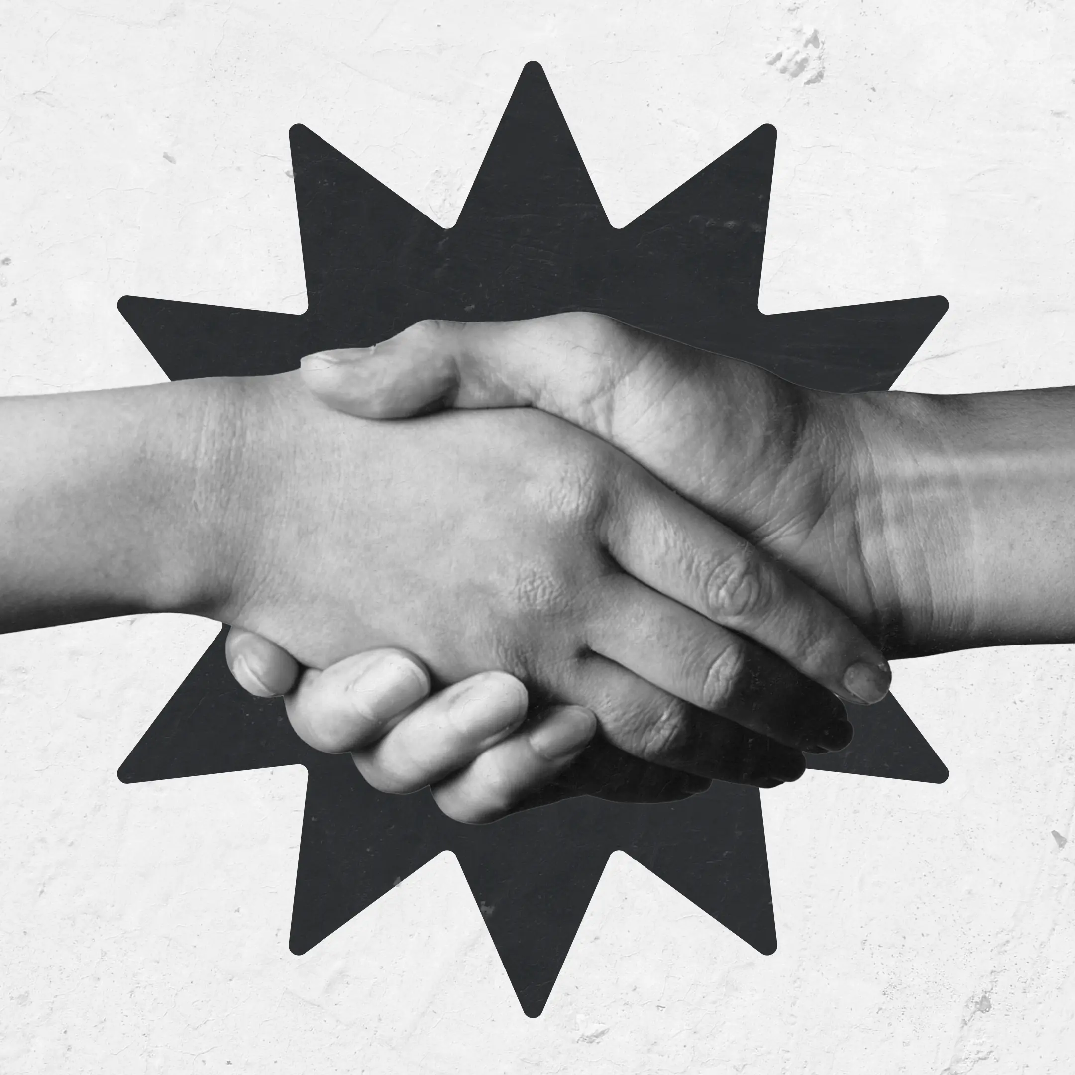 Schwarz-weiße Illustration eines Handschlags vor einem Sternenmotiv, Symbol für qualifizierte Leads und echte Käuferkontakte.