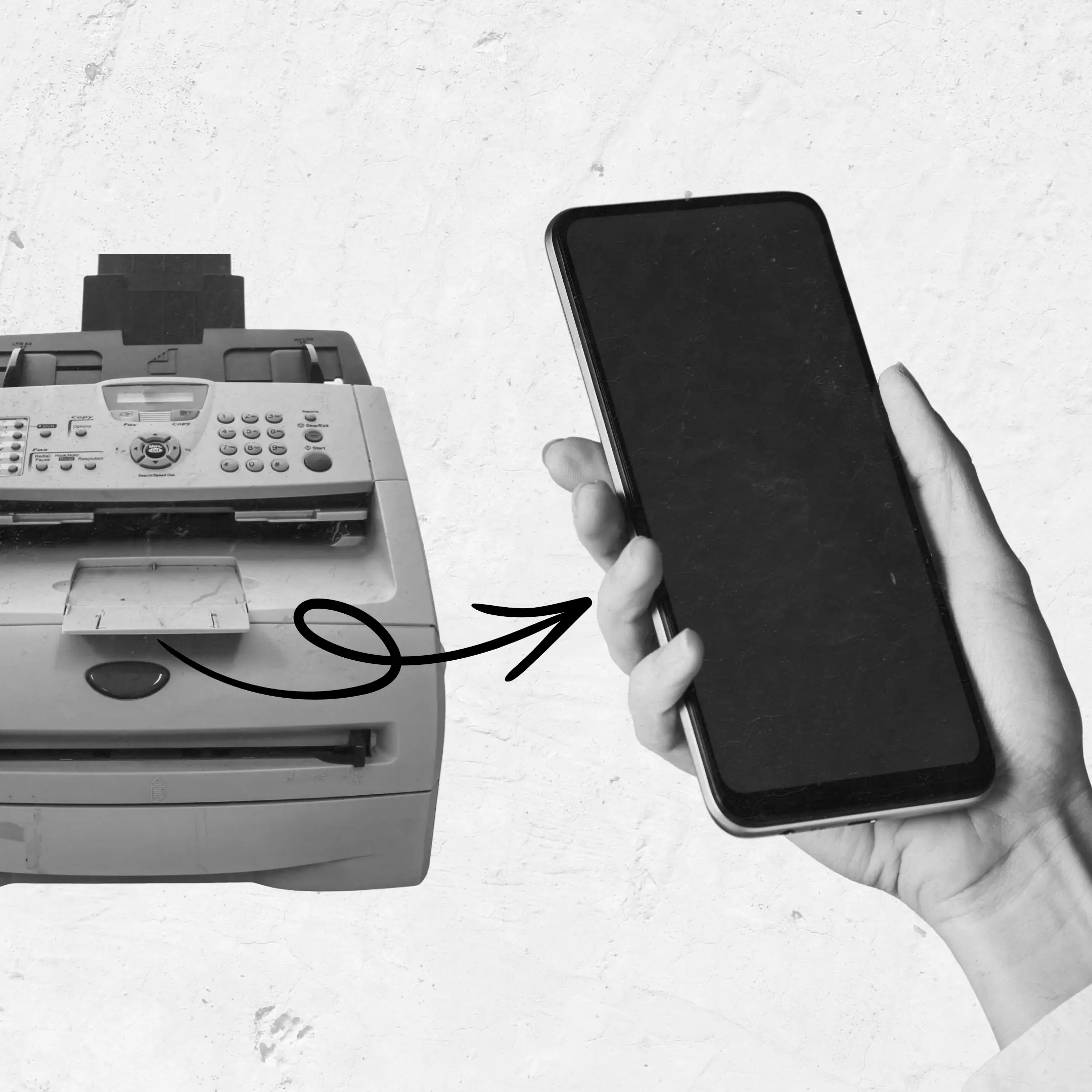 Collage mit Faxgerät und Smartphone, verbunden durch einen Pfeil, Symbol für digitale Transformation und skalierbare Prozesse.